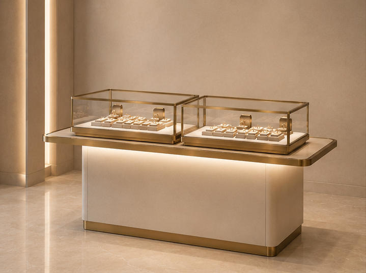 Double Glass-Top Jewelry Display Island Counter | Dual Showcase 7 Double glass-top jewelry display island counter different angle view